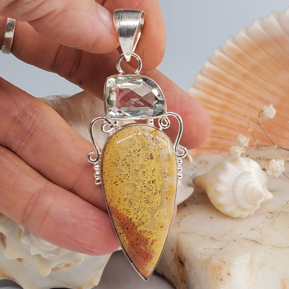 Natural Coral Fossil/Topaz Stone Silver Pendant - Picture 4 of 4
